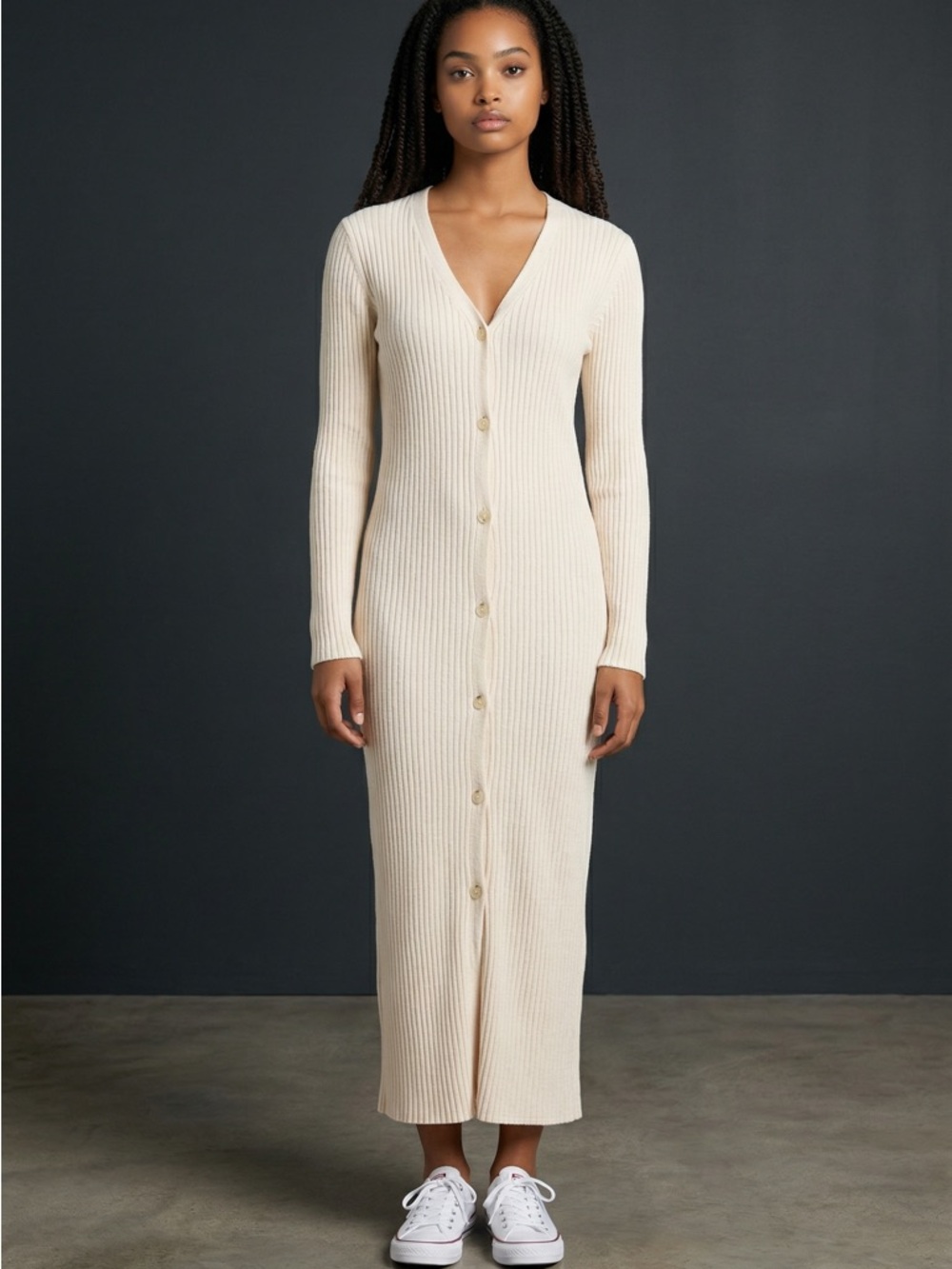 Victoria’s Secret Ribbed Button Front Midi Dress – Cream / Ivory – Size M